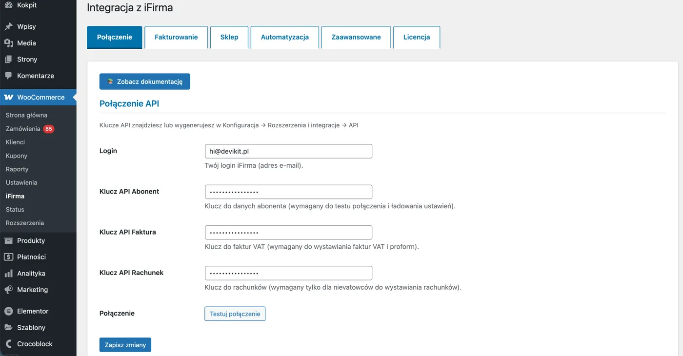 Zakładka Połączenie w ustawieniach iFirma: login, klucze API abonent, faktura i rachunek oraz przycisk Testuj połączenie