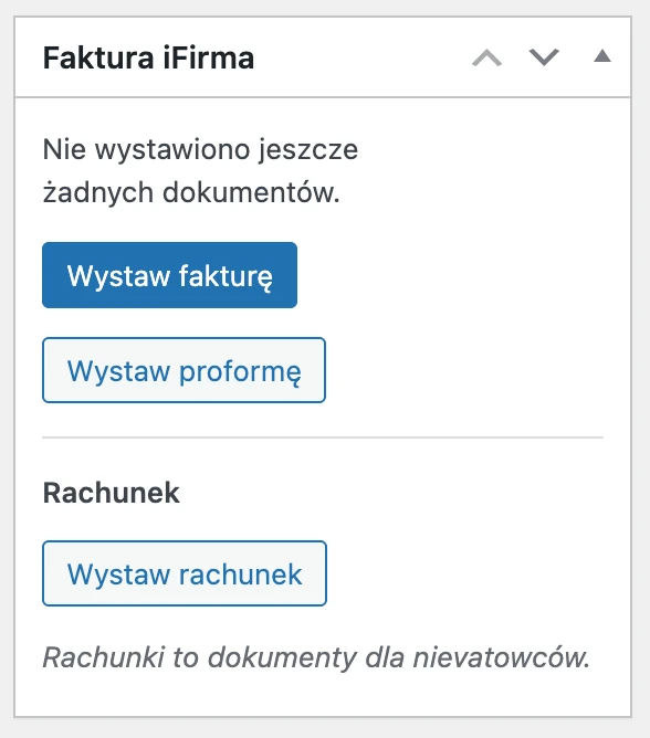 Okno Faktura iFirma na karcie zamówienia WooCommerce: przyciski Wystaw fakturę, Wystaw proformę i Wystaw rachunek